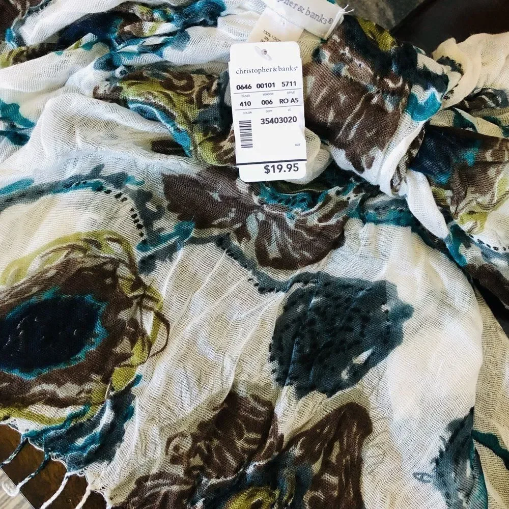Christopher & Banks Teal Brown Peacock Print Light Scarf